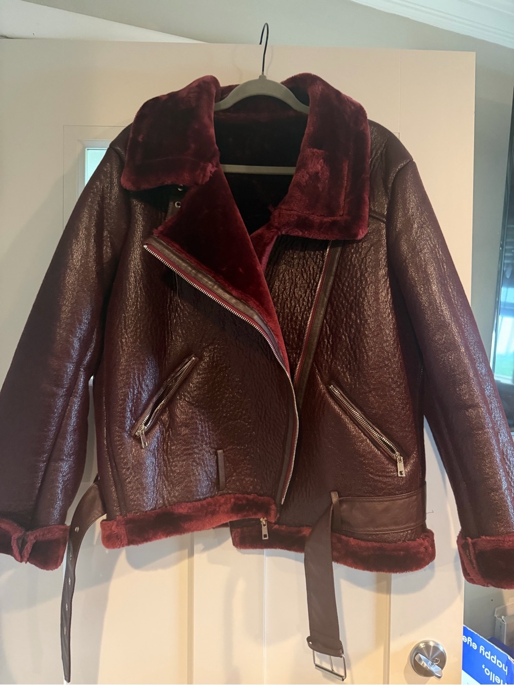 Commense Wine Red Faux-Shearling Moto Jacket